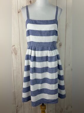Ann Taylor LOFT Dress Blue White Sleeveless Striped Linen Blend A-line Size 6